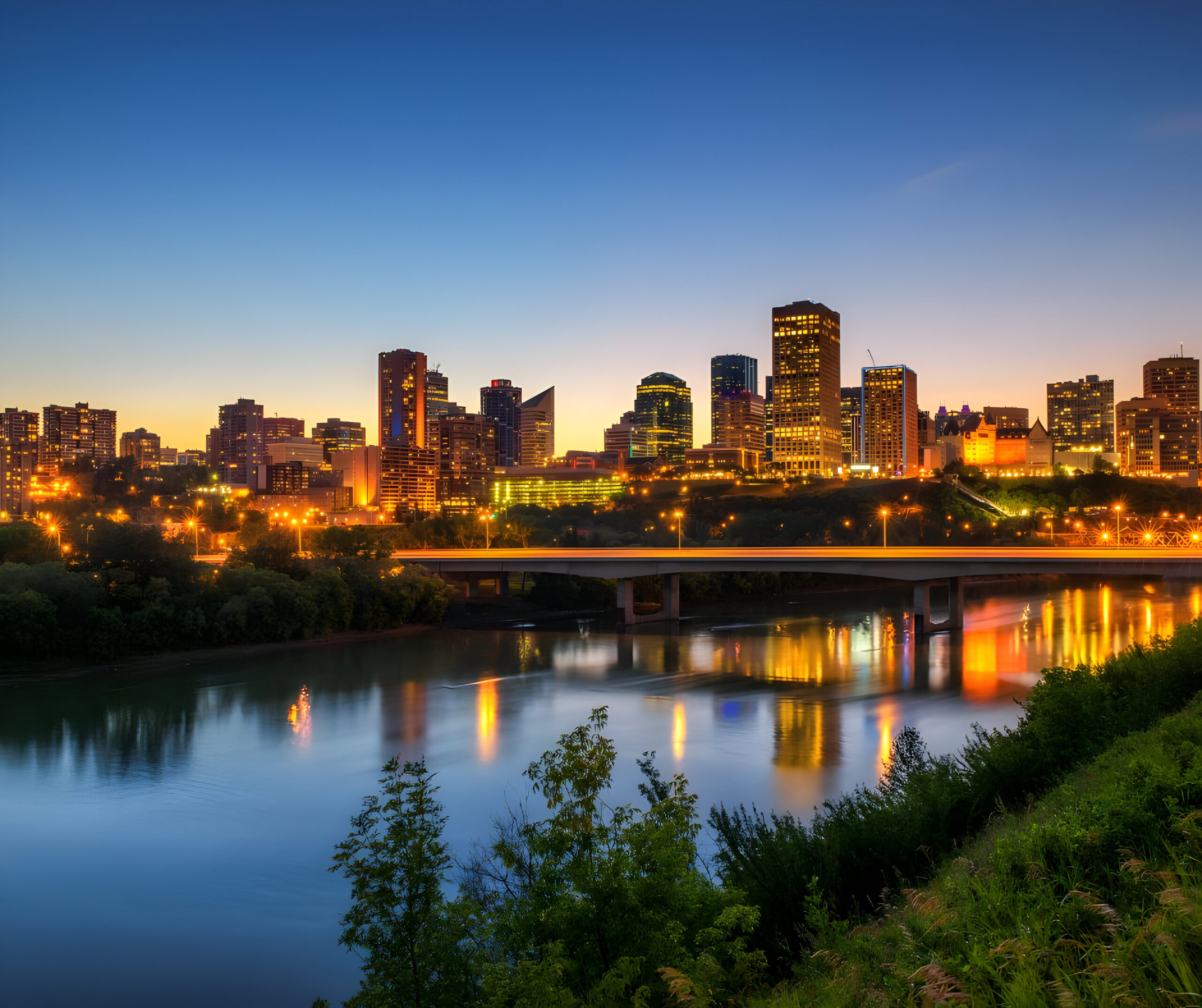 City landscape behind a river.